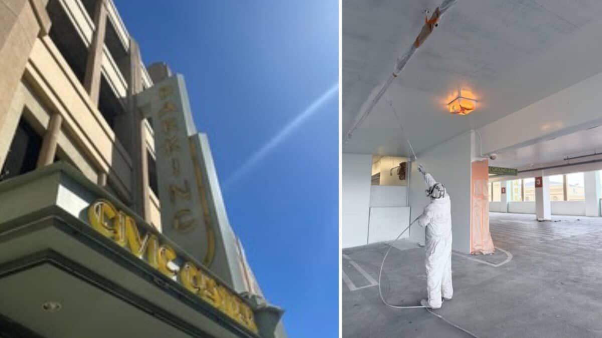 Alameda Post - A person in P.P.E. sprays paint onto the ceiling of a parking garage, and a photo of the front of the Alameda civic gender parking garage.
