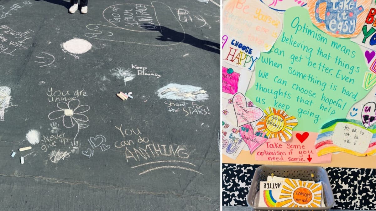 Alameda Post - A colorfully decorated bulletin board in an elementary school. It is labeled "Radical Joy" and has photos of children with notes of what brings them joy. And a photo of a blacktop with encouraging messages written in chalk. 