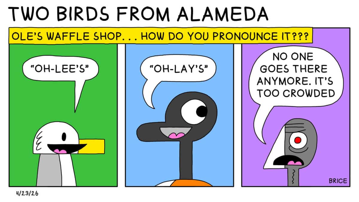 Alameda Post - Two Birds from Alameda for April 23, 2026. Across the top, a heading reads, "Ole's Waffle Shop.. How do you pronounce it?" In each of the three panels, Seagull answers "Oh Lee's," Goose answers "Oh Lay's" and Old Coot says, "No one goes there anymore. It's too crowded."