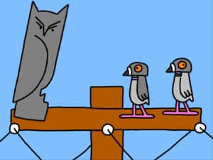 Alameda Post - Two pigeons sit on a telephone pole next to an owl or owl statue.