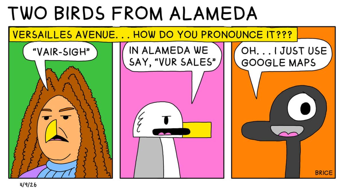 Alameda Post - Two Birds from Alameda for April 9, 2026. A header across the top says, "Versailles Avenue.. How do you pronounce it???" First panel: A bird says " Vair sigh." Second panel: Seagull says, "In Alameda we say Vur Sales." Third panel: Goose says, "Oh... I just use Google maps."