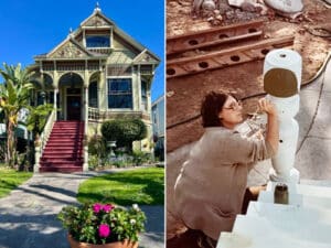 Alameda Post - The exterior of a grand house at 1530 Mozart Street, and an old photo of a woman painting a post on an outdoor staircase.