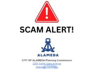 Alameda Post - A large red triangle with an exclamation point and the words "Scam Alert!" with an example of the emails sent by scammers posing as the "Alameda Planning Commission."