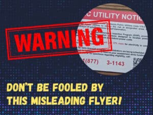 Alameda Post - A graphic with a photo of a flyer that appears to be a public utility notice, and text that says, "Warning! Do not be fooled by this misleading flyer!"