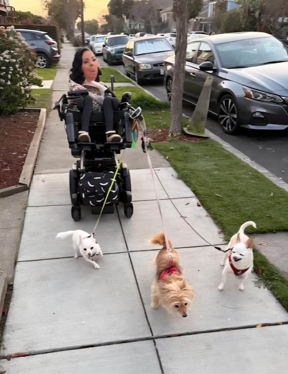 Alameda Post - Annie Wilson rolls down an Alameda sidewalk with her three small rescue dogs excitedly walking ahead of her. She has dark hair.