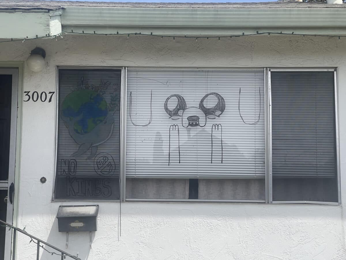 Alameda Post - A photo of a home window. Someone has drawn a cartoon dog.