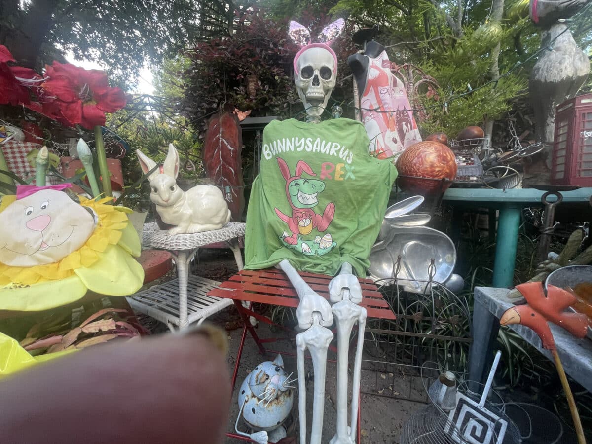 Alameda Post - A skeleton in someone's yard dressed up for Easter with other Easter decor.
