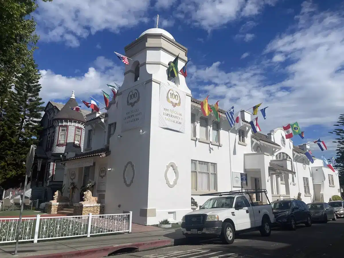 Alameda Post - a church displaying flags supporting the World Cup
