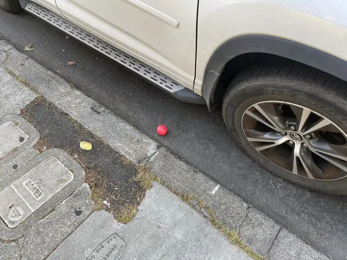 Alameda Post - a red ball in the gutter next to a car