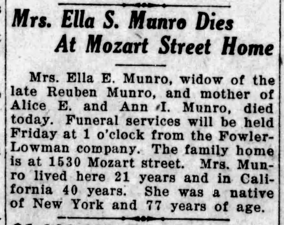 Alameda Post - A newspaper clipping with the headline "Mrs. Ella S. Munro Dies at Mozart Street Home."