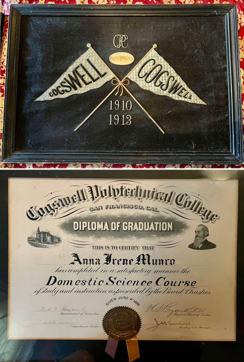 Alameda Post - A black felt pennant from Cogswell College, and a diploma.
