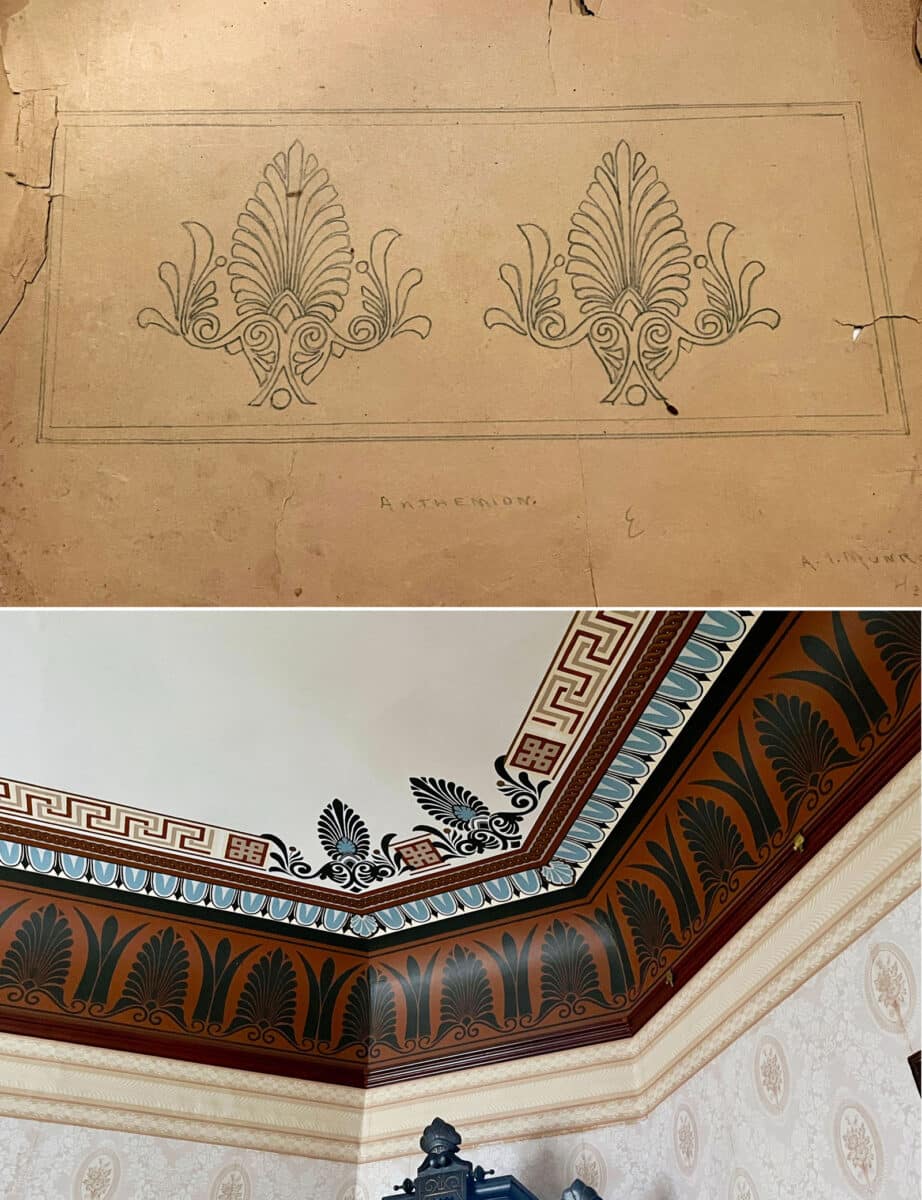 Alameda Post - Sketched artwork of a type of floral fan. Another photo shows decorative trim on the ceiling border of 1530 Mozart depicts the same pattern.