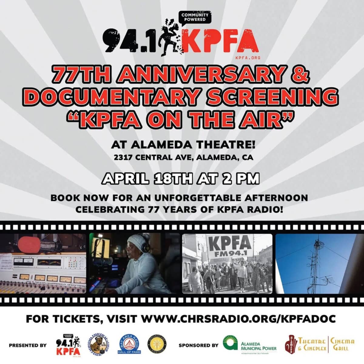 Alameda Post - A poster for the 77th Anniversary party for K.P.F.A. and documentary screening of K.P.F.A. on the air. 