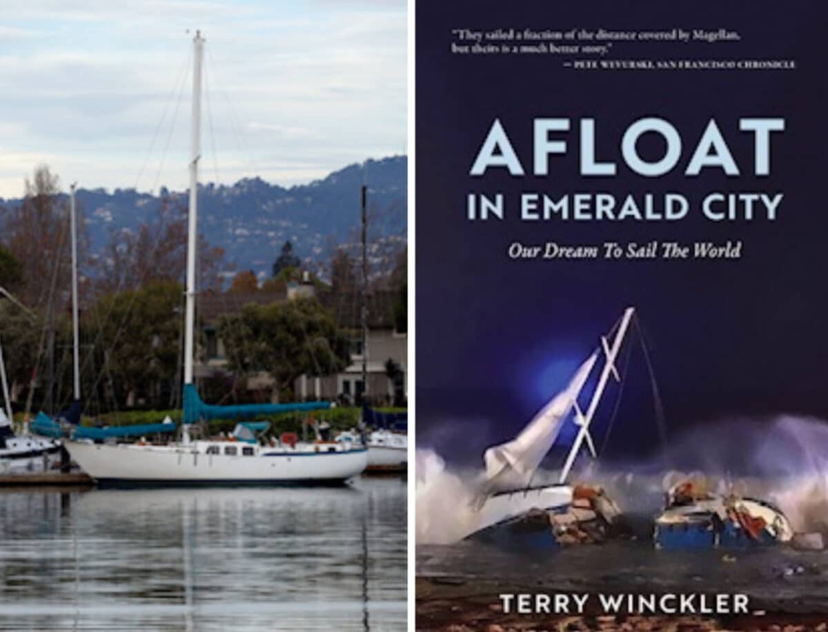 Alameda Post - A boat in an estuary, and the cover of the book Afloat in the Emerald City. 