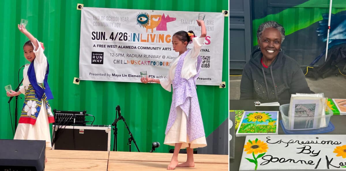 Alameda Post - A photo of two young girls dancing on a stage and a photo of A smiling woman sitting behind an art booth. 