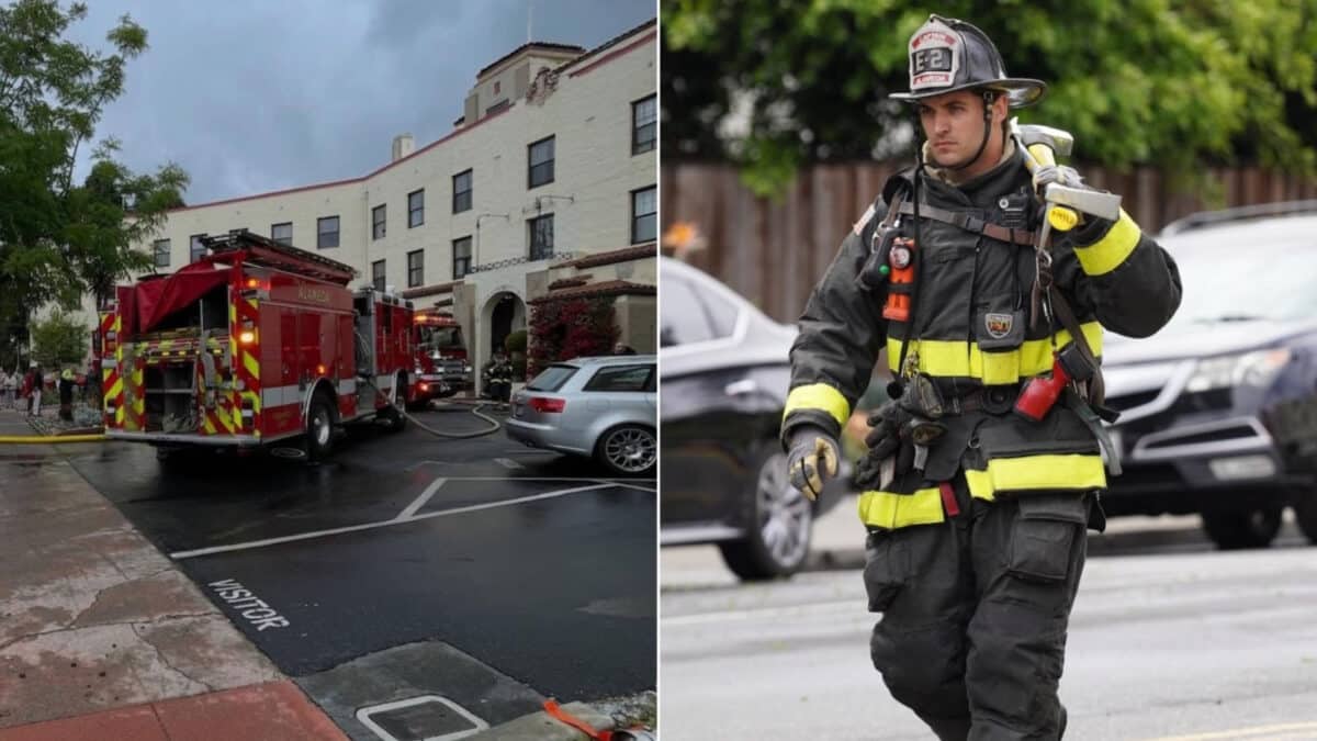 Alameda Post - A fire truck in front of an historic apartment building in Alameda, and a photo of a firefighter walking while carrying a hatchet.