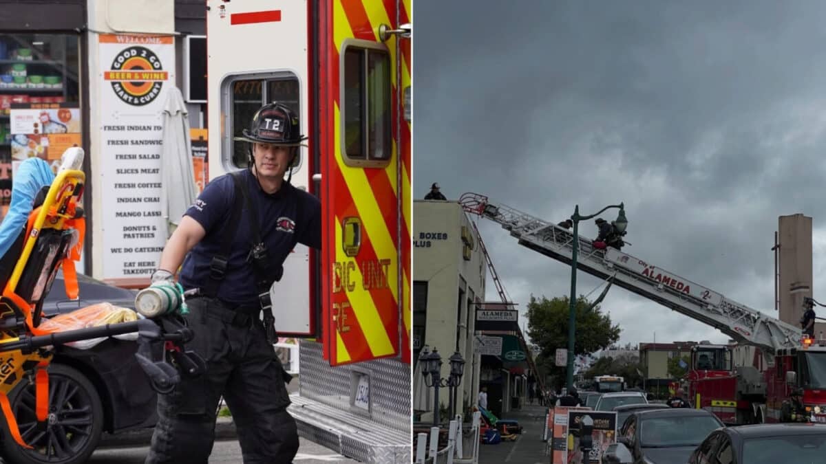 Alameda Post - A photo of a firefighter arranging gear in the back of a vehicle, and a photo of a firefighter's crane set up to access a roof.