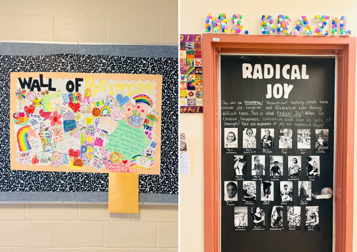 Alameda Post - Two colorful decorated bulletin boards in an elementary school. One is labeled "Radical Joy" and has photos of children with notes of what brings them joy. The other is labeled "Wall of Optimism" with lots of brightly colored encouraging messages.