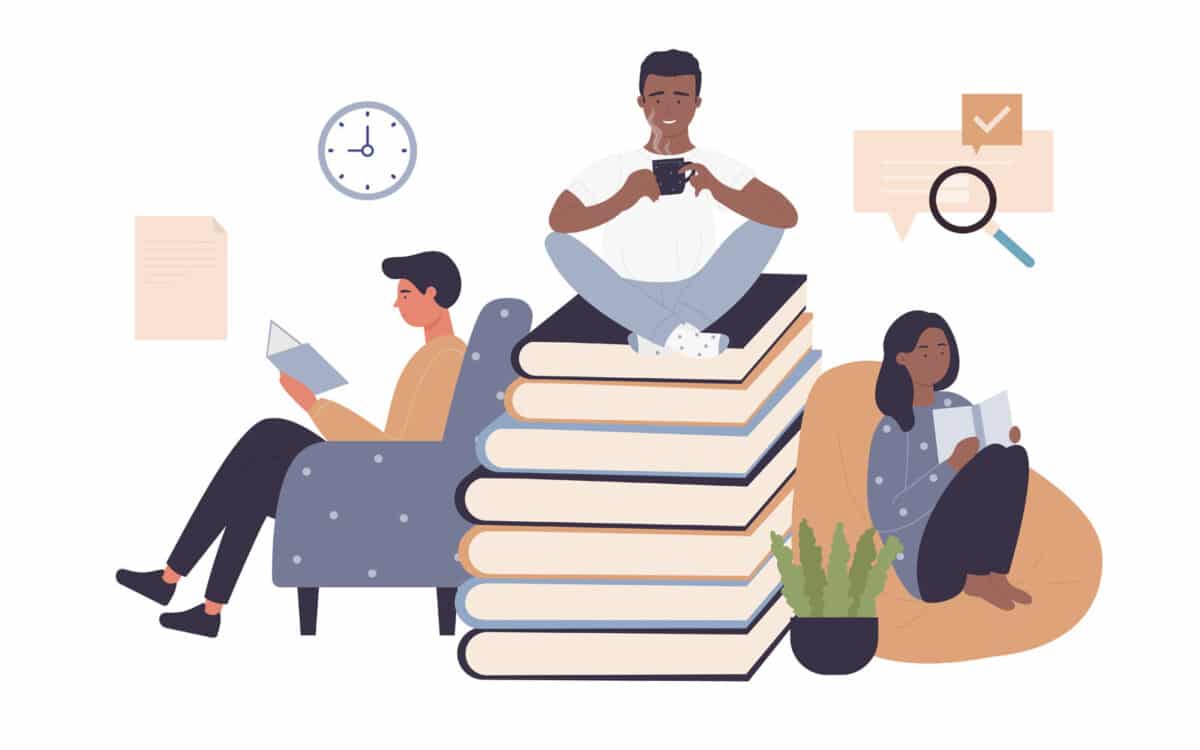 Alameda Post - People read paper books from library or bookstore vector illustration. 
