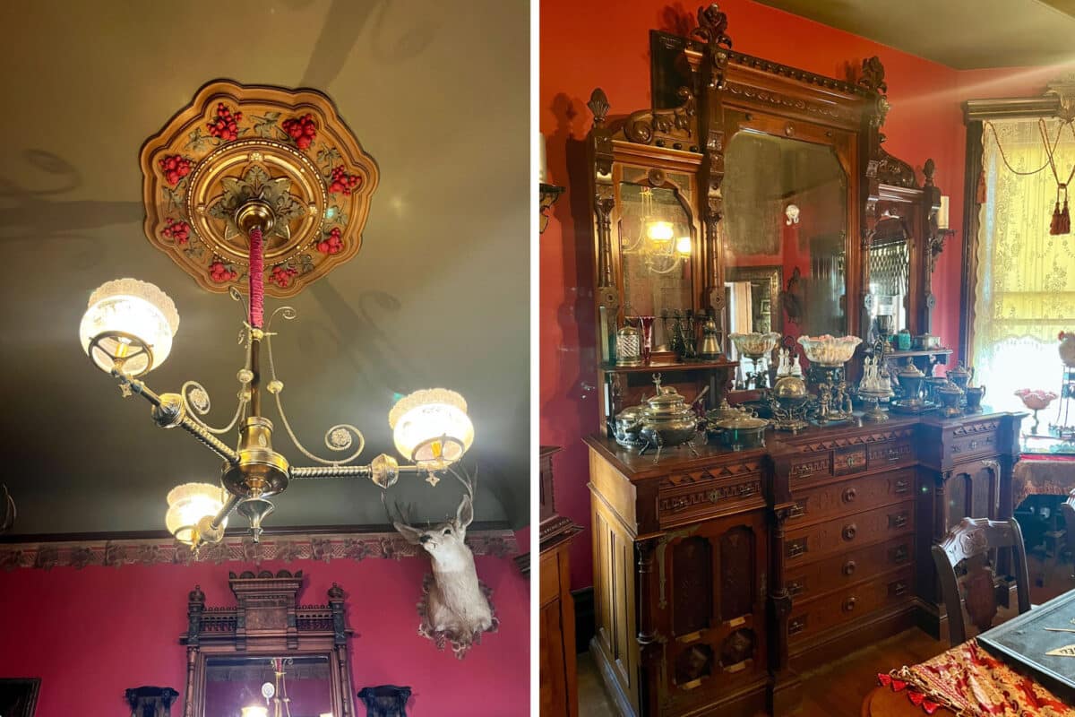 Alameda Post - A photo of an intricate ceiling medallion, and a photo of a massive piece of dark wood furniture in a dining room. It has large drawers, a tabletop, and huge mirrors on top, surrounded in intricate dark wood.