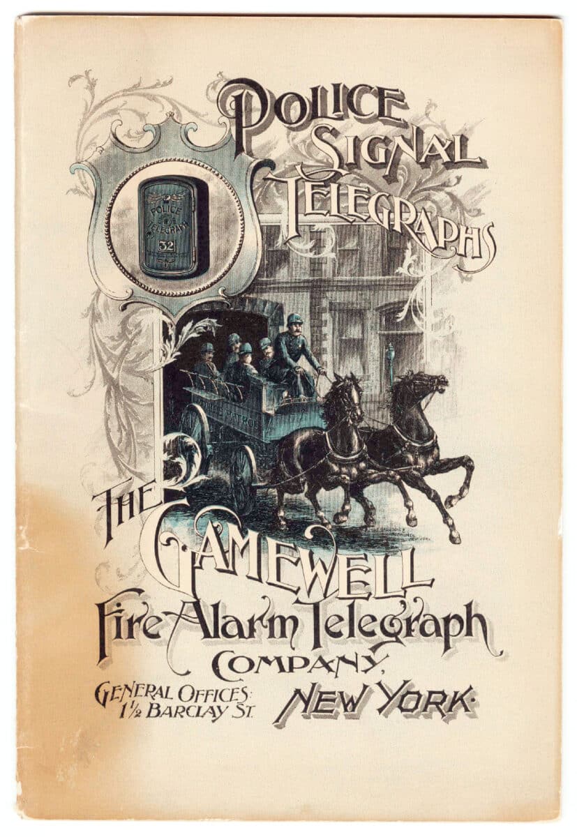 Alameda Post - the cover of an advertising booklet that says "Police Signal telegraphs. The Gamewell Fire Alarm Telegraph Company. A drawing is on the cover with a horse drawn carriage of firemen. 