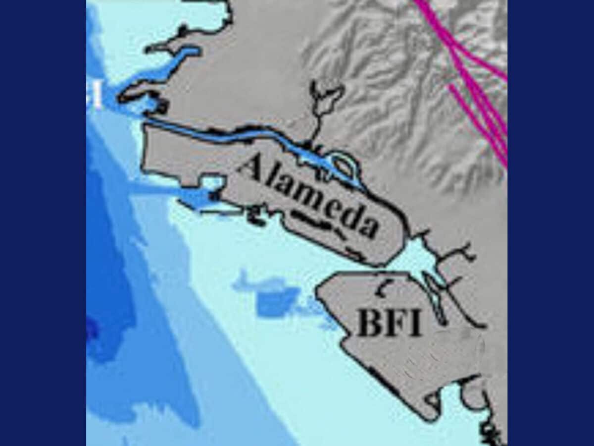 Alameda Post - Detail from USGS Map showing deep water channels around the San Francisco Bay