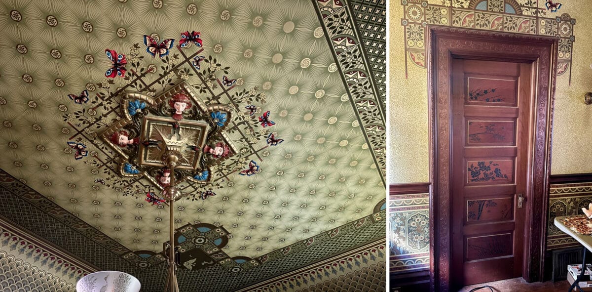 Alameda Post - an intricately painted ceiling medallion and a very decorated door.