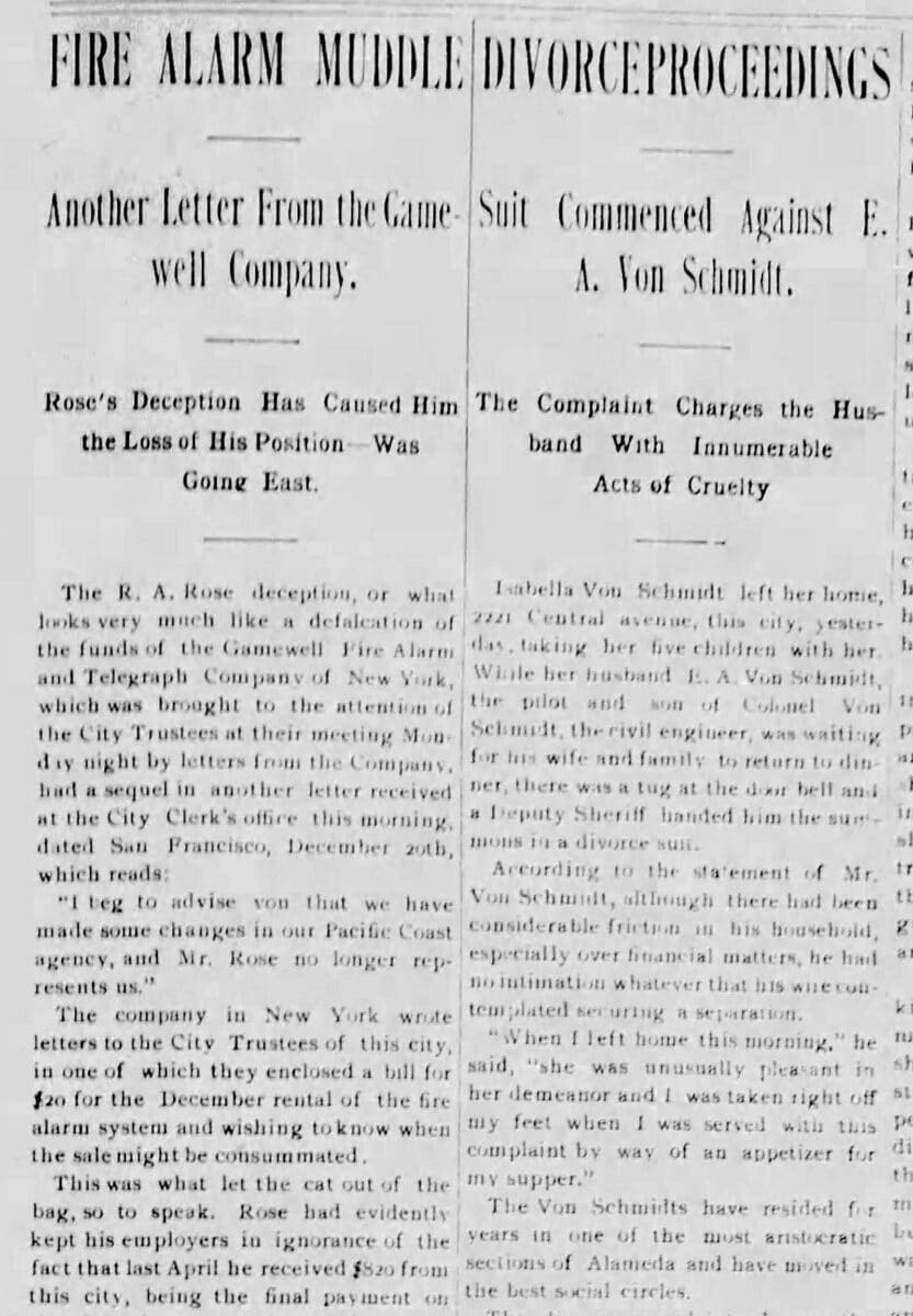 Alameda Post - An old newspaper clipping with the headline "Fire Alarm Muddle Divorce Proceedings."