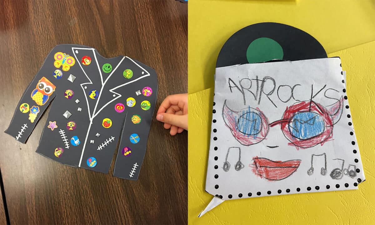 Alameda Post - photos of paper cutouts of a leather jacket and a record album