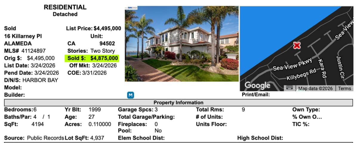 Alameda Post - sale of 16 Killarney Place, Alameda CA 94502 on March 31, 2026. Courtesy paragonrels.com
