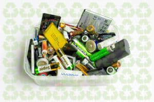 Alameda Post - a bin of used lithium ion batteries with recycle symbols superimposed