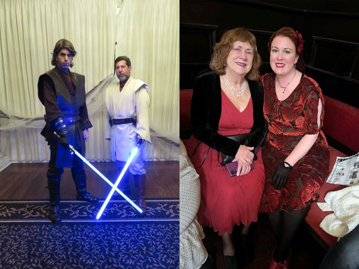 Alameda Post - dancers dressed as Star Wars characters and two women dressed in red