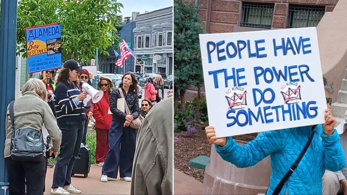 Alameda Post - A group of Alamedans stand around a person carrying a megaphone at the May Day Protest. In another photo, a woman holds a sign that says "People have the power. Do something" with No Kings logos.