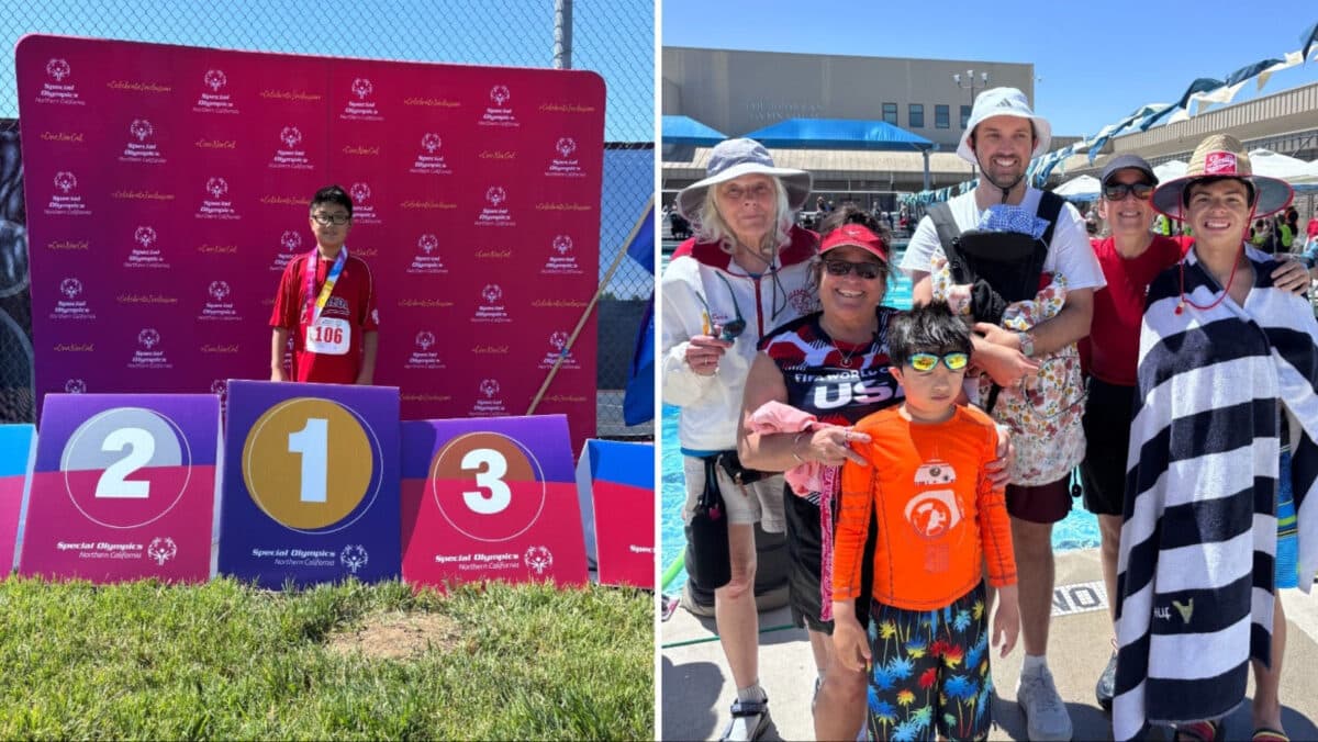 Alameda Post - A Boy stands on an awards platform at the number 1 spot wearing a medal. In another photo, coaches and athletes stand together and smile in front of a pool. 