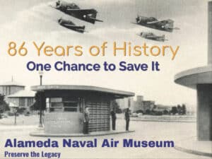 Alameda Post - A black and white illustration or photo of the Alameda Naval Station front entrance with planes flying overhead and text that says "86 Years of History. Once Chance to Save it."