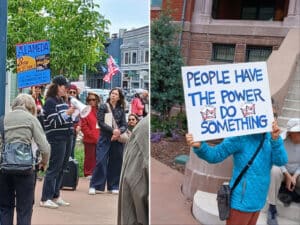 Alameda Post - A group of Alamedans stand around a person carrying a megaphone at the May Day Protest. In another photo, a woman holds a sign that says "People have the power. Do something" with No Kings logos.