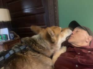 Alameda Post - Mouf the dog happily greets his human companion by licking his face while his human reclines.