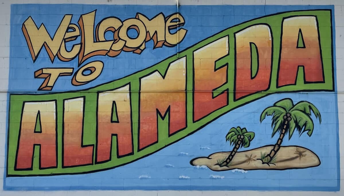 Alameda post - A mural that says Welcome to Alameda.