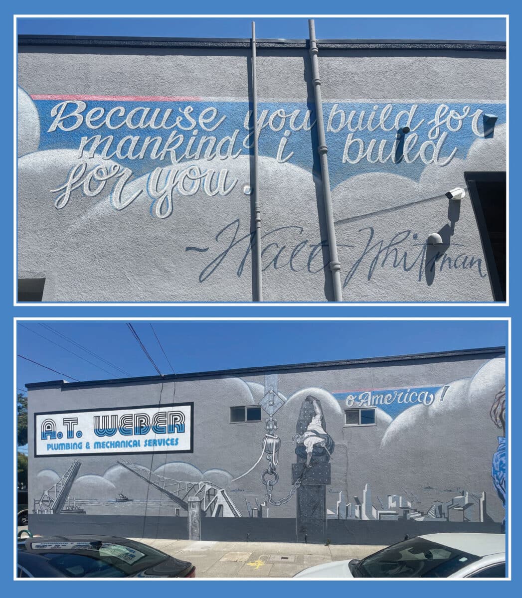 Alameda Post - Grey and blue murals outside of A.T. Weber that have skylines, bridges, and equiptment.