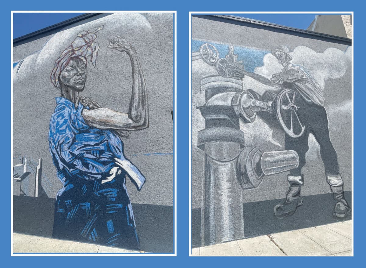 Alameda Post - Grey and blue murals outside of A.T. Weber of a Rosie the Riveter type character and someone working on pipes. 