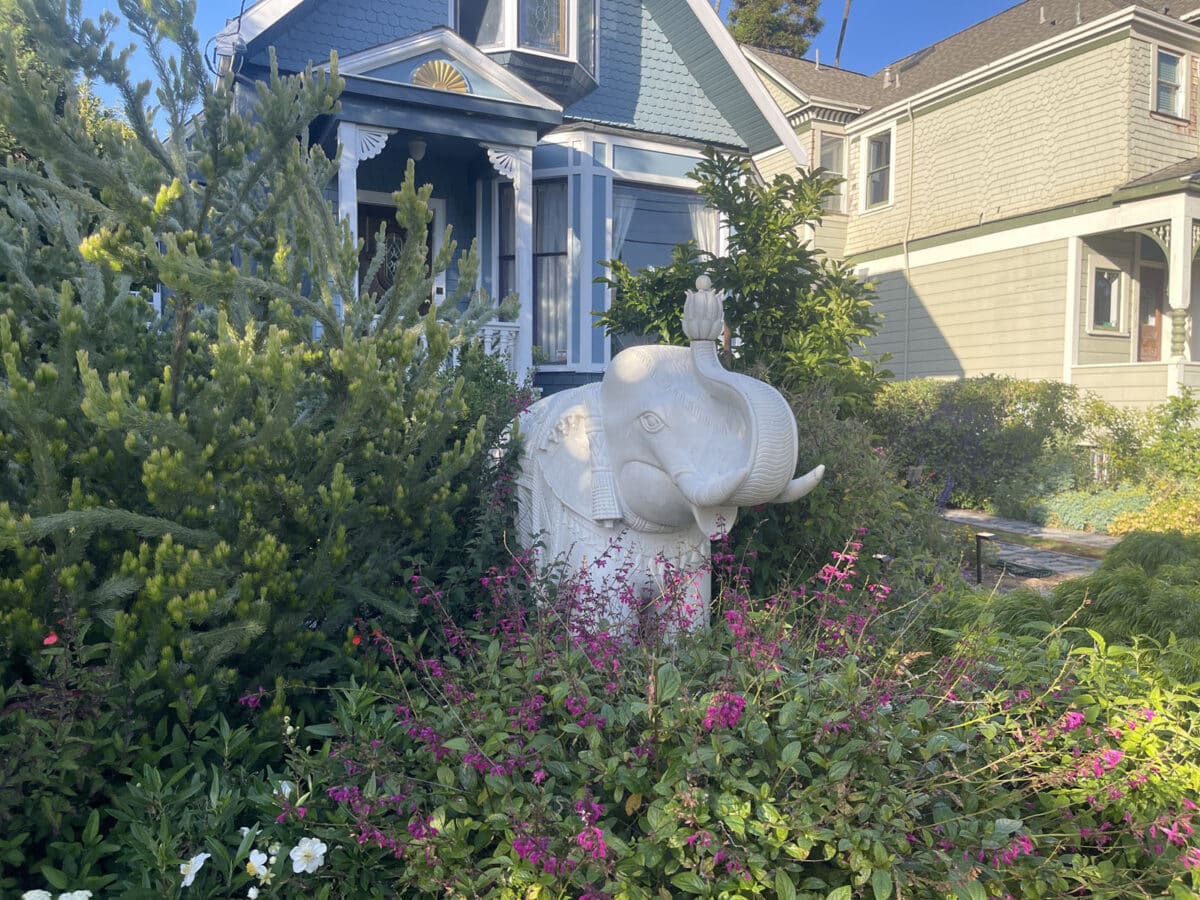 Alameda Post - A large white elephant statue in a yard.