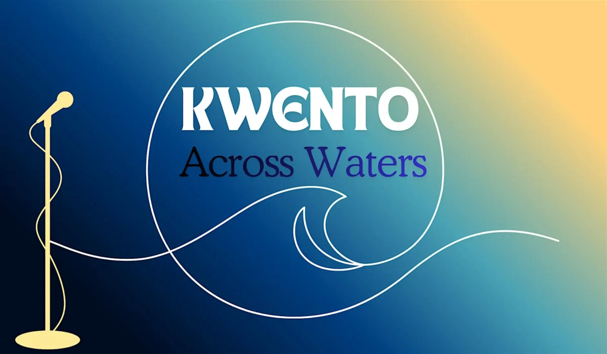 Alameda Post - A blue graphic with a microphone, a wave, and the words "Kwento Across Waters."