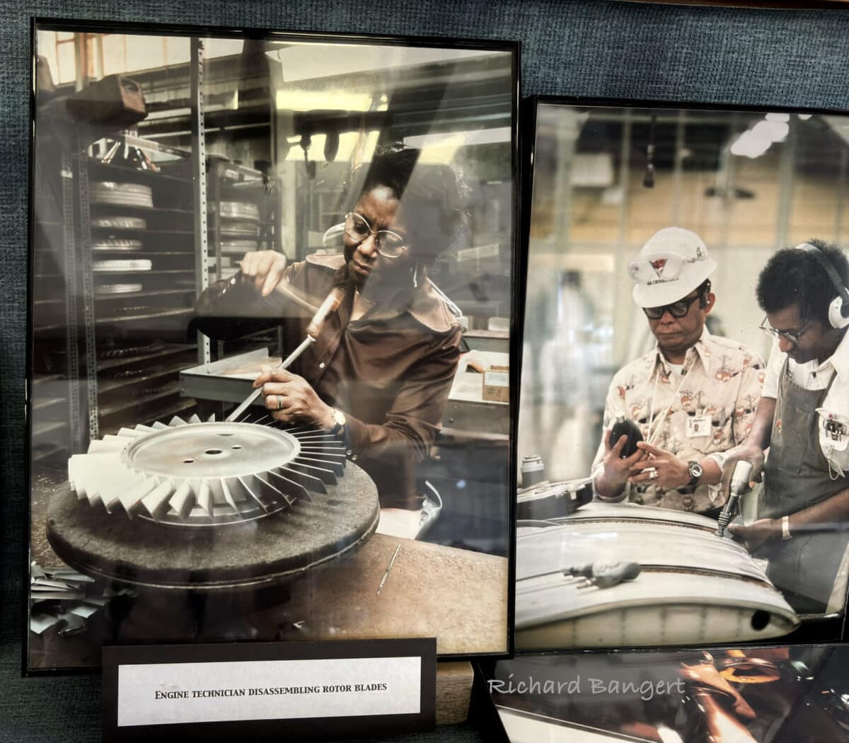 Alameda Post - Old photographs of engine technicians working on parts.