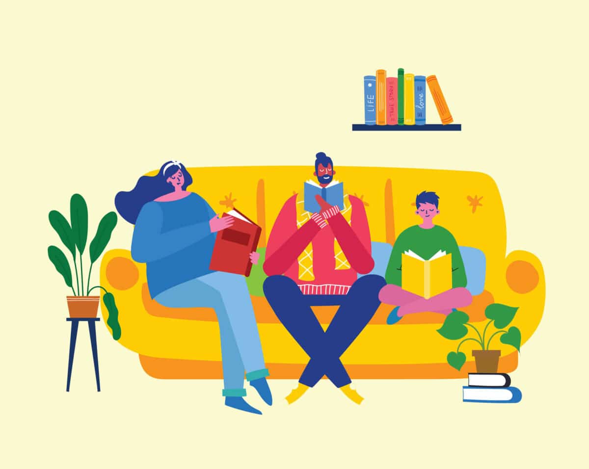 Alameda Post - A drawing of three people on a couch reading books. 