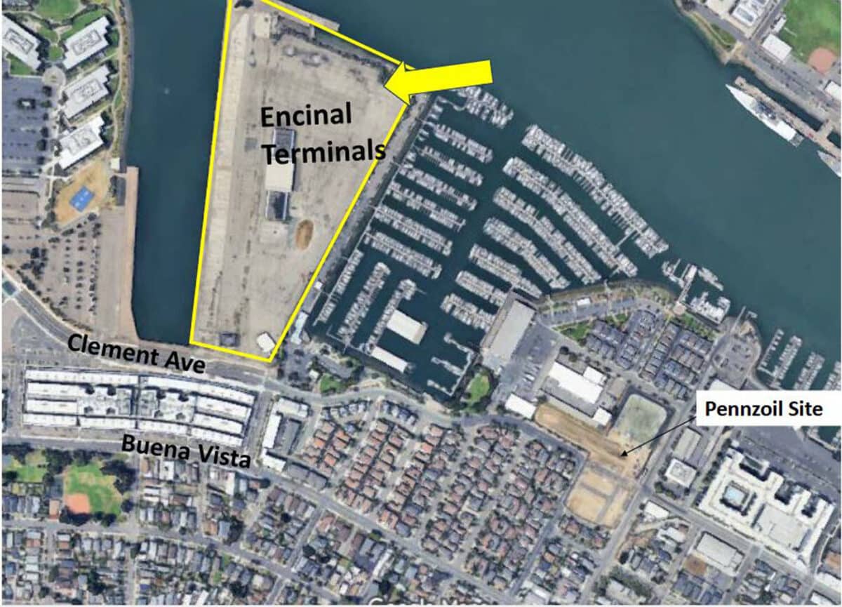 Alameda Post - An aerial photo of Alameda with Encinal Terminals outlined.