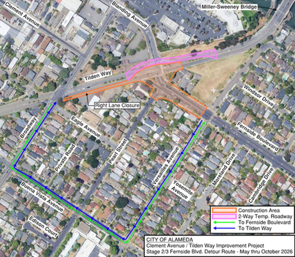 Alameda Post - An aerial map of construction detour with a temporary road on the side of Tilden Way. 