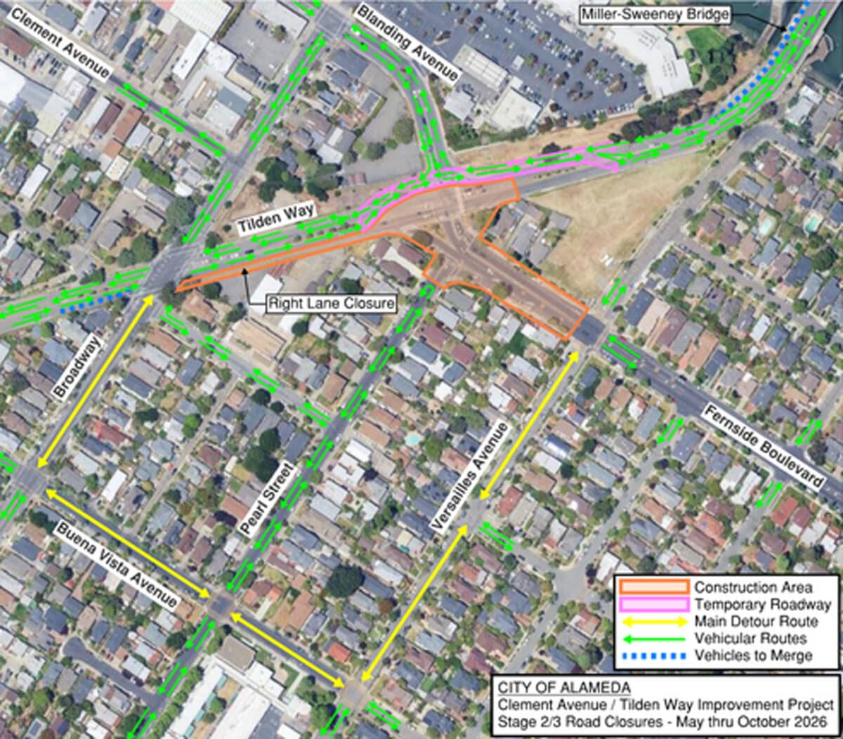 Alameda Post - An aerial map of the Clement Avenue/Tilden Way Improvement Project area, annotated with road closures. 