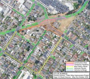 Alameda Post - An aerial map of the Clement Avenue/Tilden Way Improvement Project area, annotated with road closures.