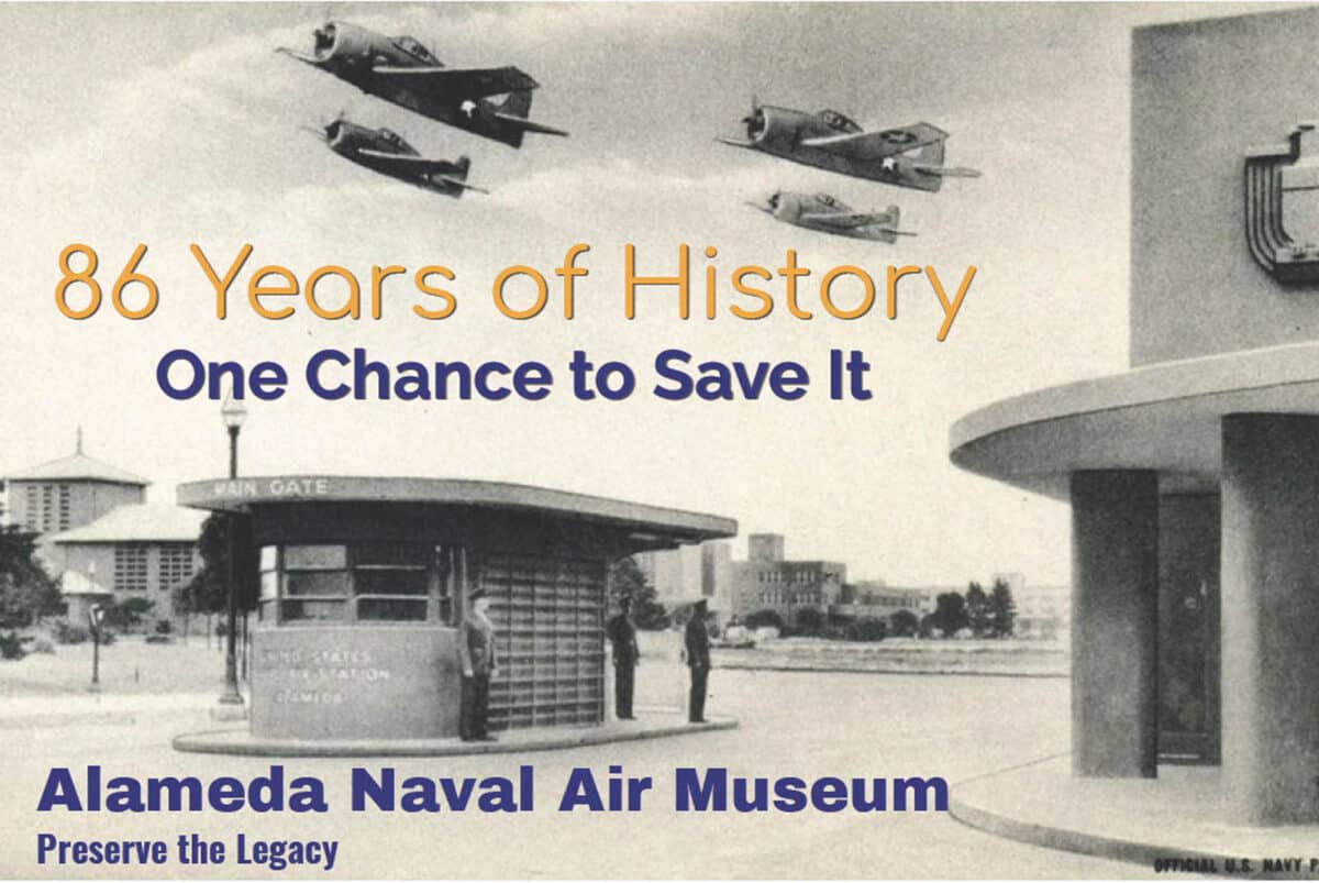 Alameda Post - A black and white illustration or photo of the Alameda Naval Station front entrance with planes flying overhead and text that says "86 Years of History. Once Chance to Save it."