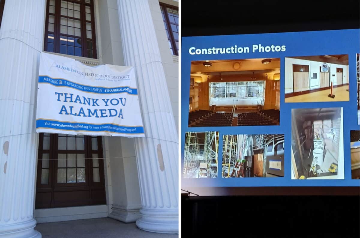 Alameda Post - A sign hanging from the stately columns in front of Alameda High School that says "Thank You Alameda." And a photo of a projection slide of the construction process for the auditorium's rennovations. 
